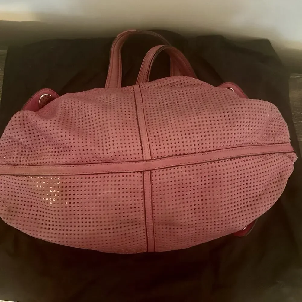 B Makowsky Pink Perforated Large Satchel Top Handle Bag Zip Silver Det Strap
